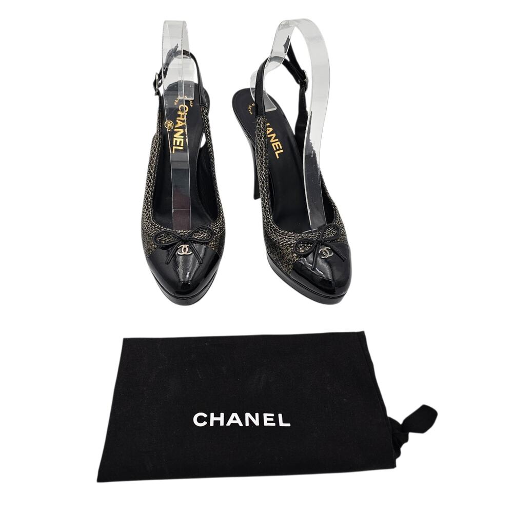 Chanel CC Slingback Chain Heel Pump Black Patent Vintage Gold Size 38.5 US 7.5 8 - Picture 2 of 15